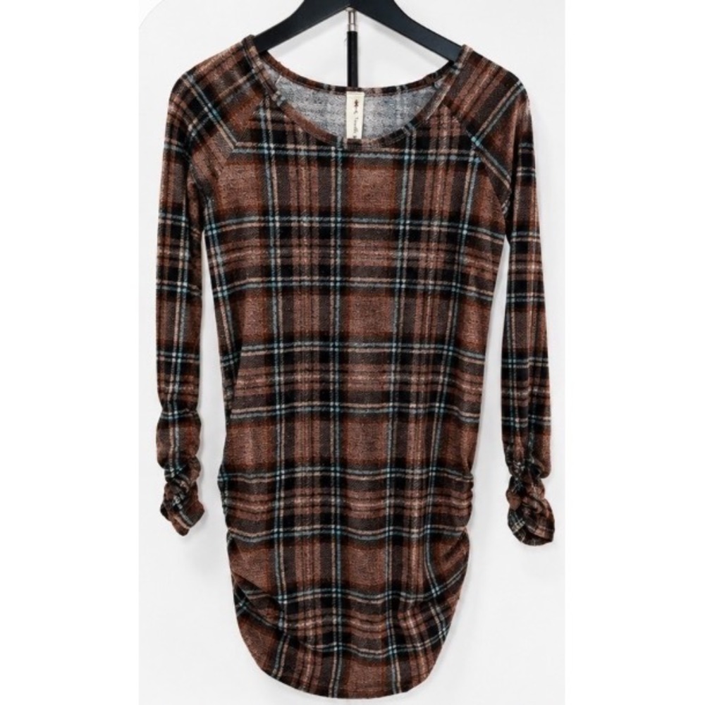 Vanilla Bay Brown Plaid Ruched Side Tunic Top Long Sleeve Small VT20-19